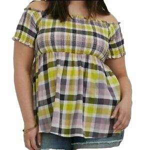 NEW‎ Torrid Women's Babydoll Top Smocked Off Shoulder Plaid Purple Yellow 3X